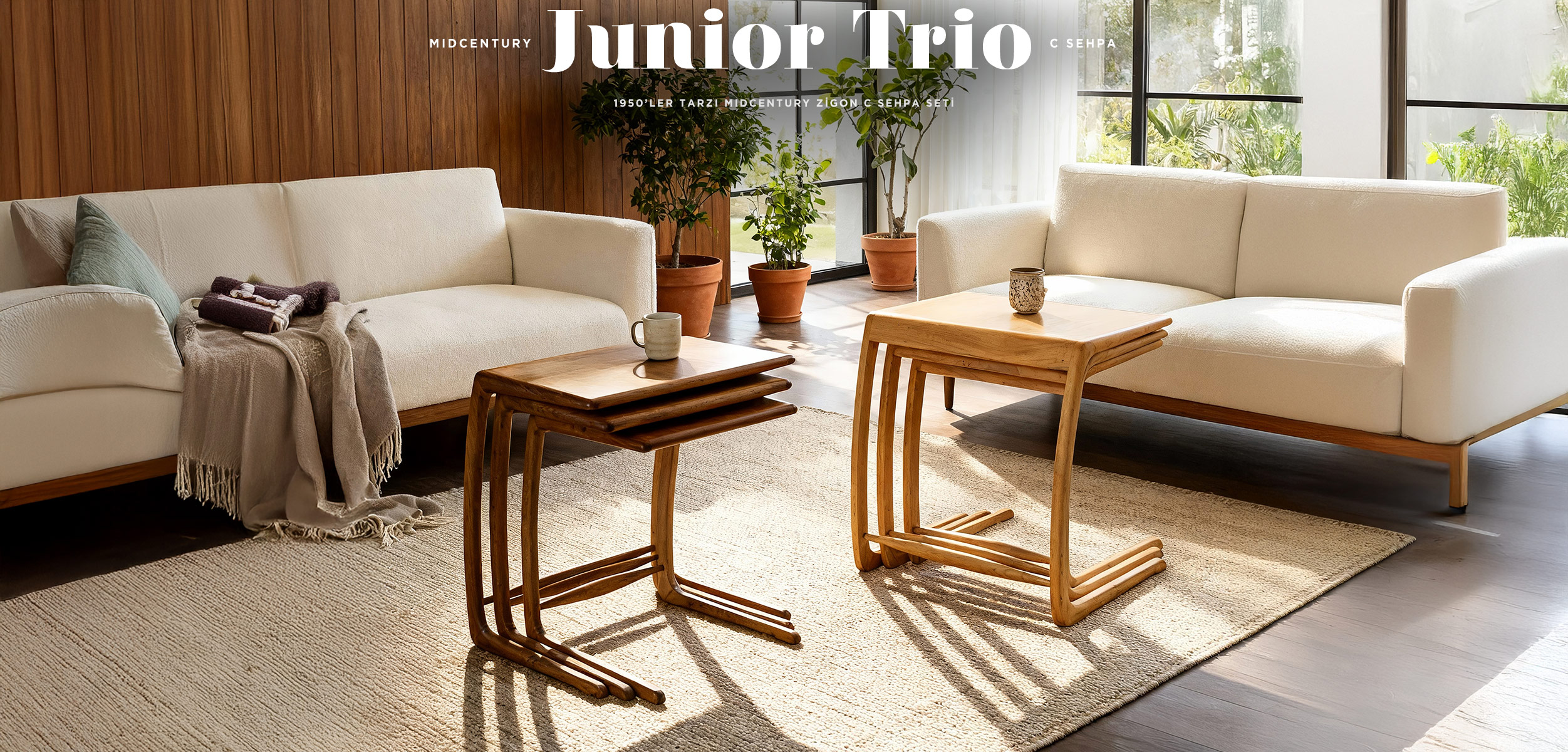 Junior Trio MidCentury Meşe Zigon C Sehpa Seti resmi